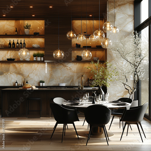 Interior of modern luxury restaurant with marble walls, wooden floor, comfortable dark chairs and round tables with black chairs. 3d rendering,Generative AI photo