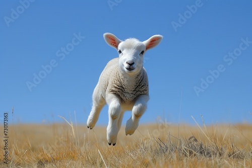 Joyful Lamb Leaping in the Field on a Sunny Day  A playful white lamb jumps with joy in a sunny field  showcasing the lightness and carefree spirit of springtime.