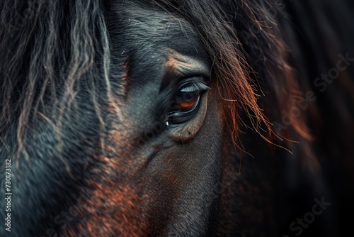 Close-Up of Chestnut Horse Eye and Mane, Intimate close-up photograph capturing the soulful eye of a chestnut horse, shaded by a sunlit mane.