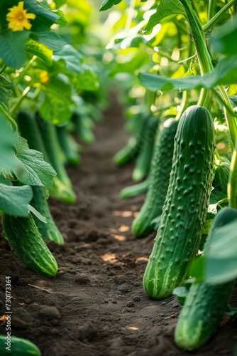 Rows of emerald-green cucumber plants reaching out with delicate tendrils