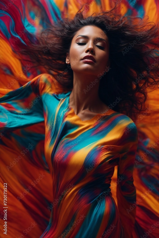 Woman in Colorful Dress With Hair Blowing in the Wind. Generative AI.