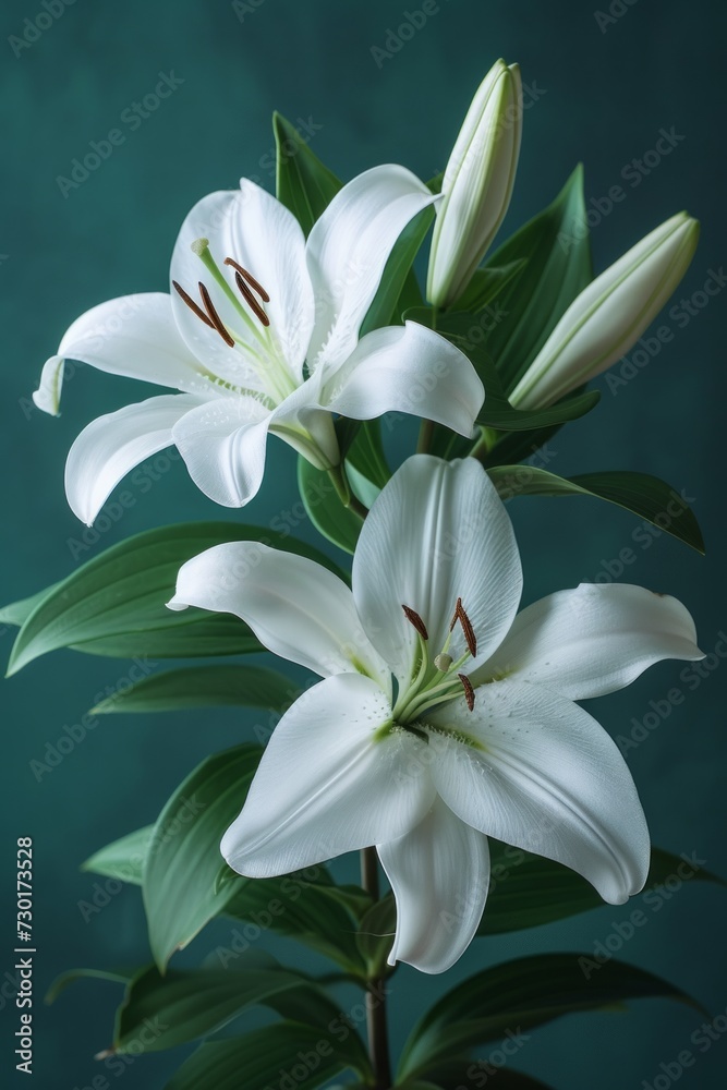Pristine white lilies resting upon emerald leaves Pristine white lilies resting upon emerald leaves