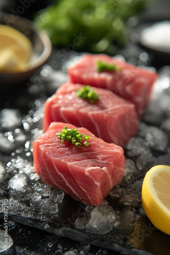 Raw tuna fillet. Seafood on a ice, black stone background.