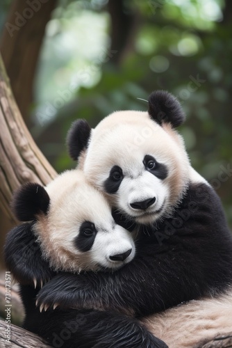 Two pandas share a moment of connection and companionship