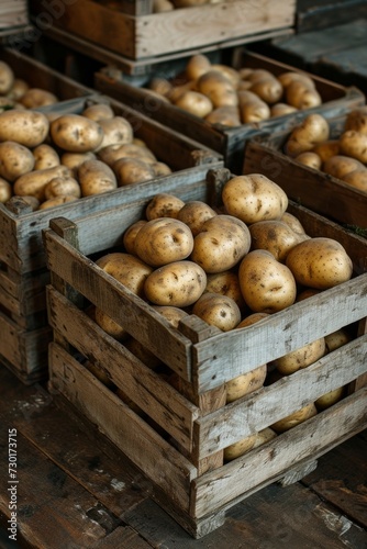 Rustic wooden crates filled with freshly harvested potatoes