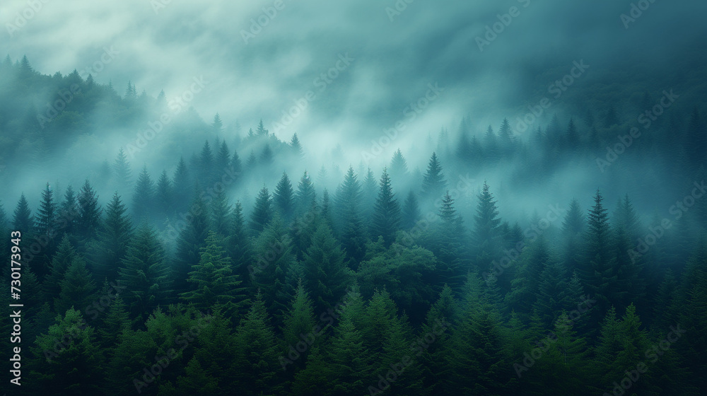 Fog in the mountains, Misty landscape with fir forest in hipster vintage retro style, Ai generated image