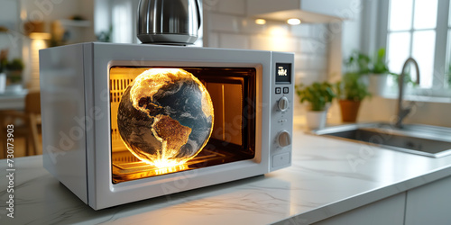 Globe of Earth overheating in microwave oven. Climate changes concept. photo