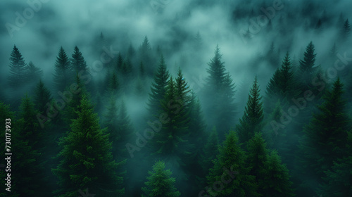 Fog in the woods, Misty landscape with fir forest in hipster vintage retro style, Ai generated image