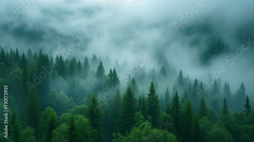 Fog in the mountains  Misty landscape with fir forest in hipster vintage retro style  Ai generated image