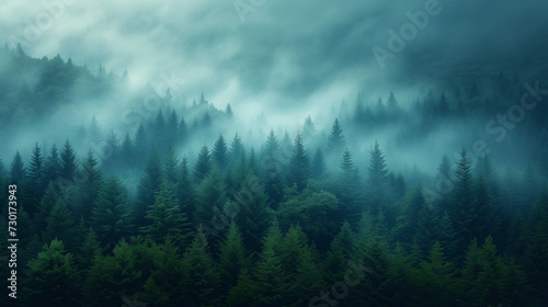 Fog in the mountains, Misty landscape with fir forest in hipster vintage retro style, Ai generated image © FH Multimedia