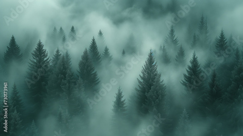 Misty morning in the forest, Misty landscape with fir forest in hipster vintage retro style, Ai generated image