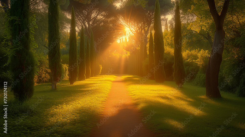 Obraz premium Morning in the forest, Sunrise in the forest, Path in sunburst rays of light. Green spring grass with cypress trees, Ai generated image