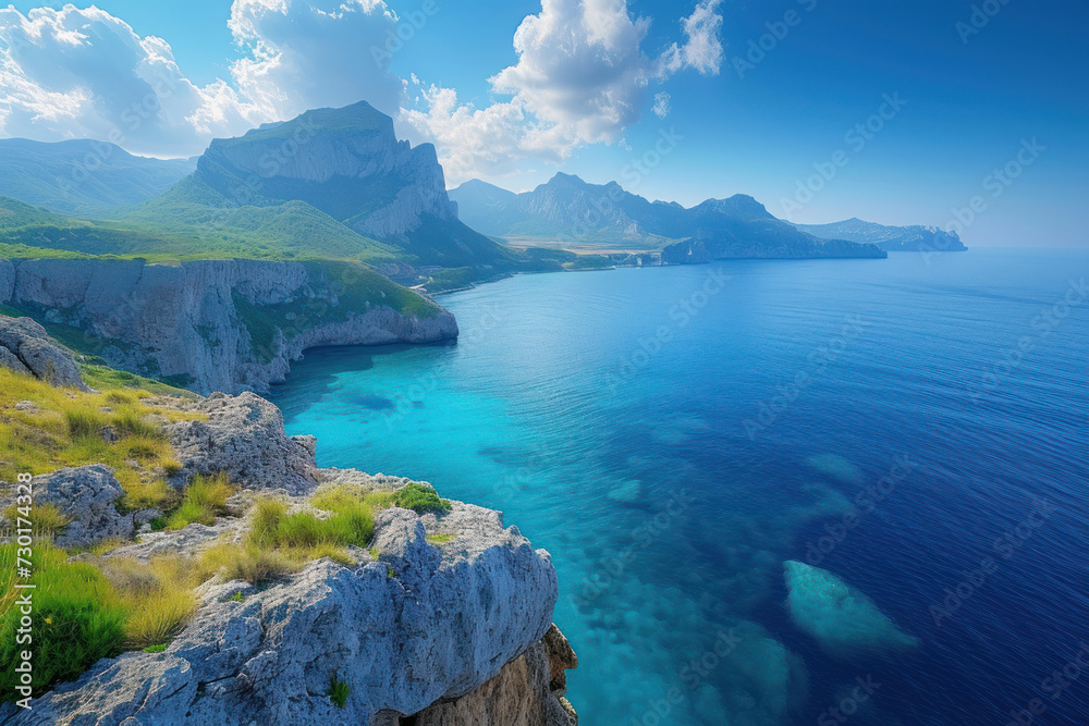 ocean and mountain background with blue sky,nature concept