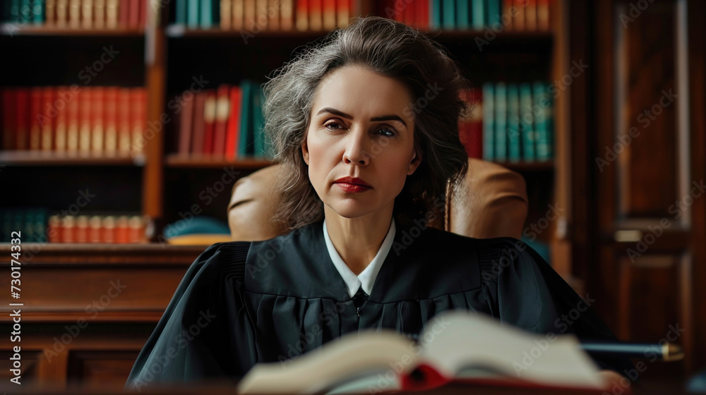 Court of Law Trial in Session: Portrait of Honorable Female Judge Reading Decision. Presiding Justice Pronouncing Sentence. Guilty, Not Guilty Verdict Judgment. Medium Portrait Shot. Court of Law Trial in Session: Portrait of Honorable Female Judge Reading Decision. Presiding Justice Pronouncing Sentence. Guilty, Not Guilty Verdict Judgment. Medium Portrait Shot.