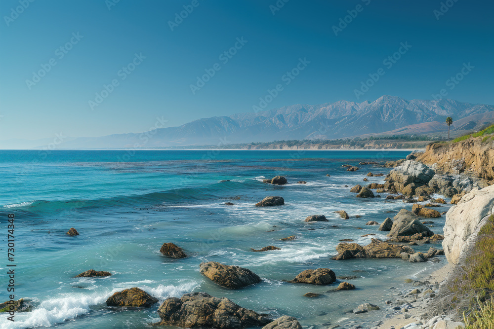 ocean and mountain background with blue sky,nature concept ocean and mountain background with blue sky,nature concept