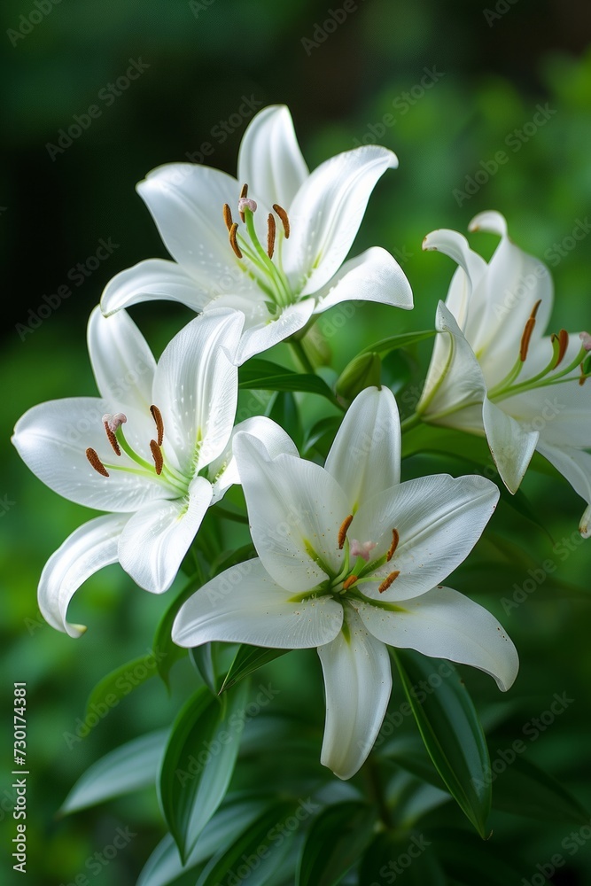 Fototapeta premium Pristine white lilies resting upon emerald leaves