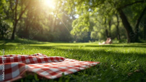 A cheery, checkered picnic blanket under the sun creates an inviting summer scene photo