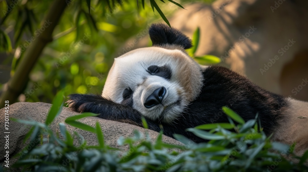 Obraz premium An adult panda peacefully sleeps, cradled by nature's tranquility.