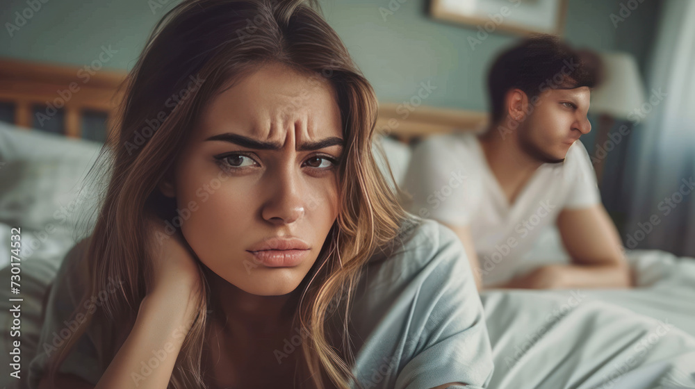 Unhappy couple not talking after an argument in bed at home selective focus on woman face.