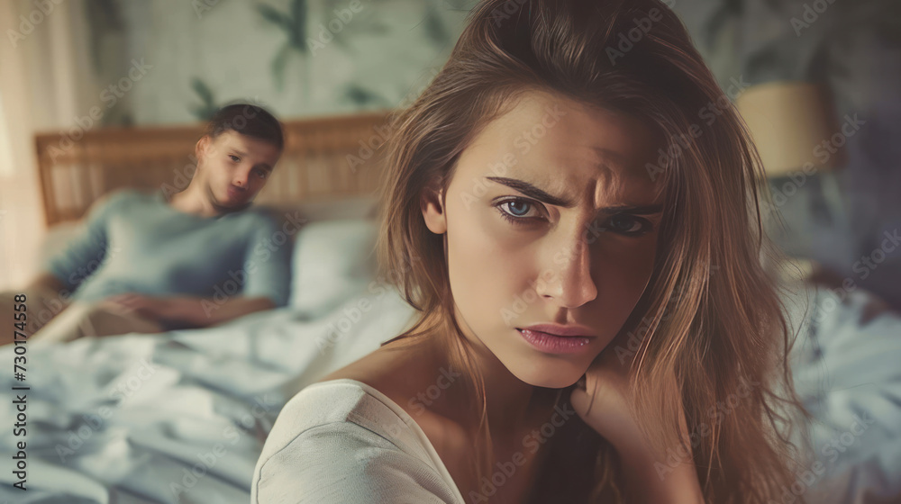 Unhappy couple not talking after an argument in bed at home selective focus on woman face. Unhappy couple not talking after an argument in bed at home selective focus on woman face.