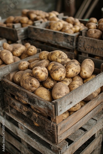 Rustic wooden crates filled with freshly harvested potatoes