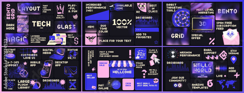 Bento grid layout kit. Collection of tile templates with graphic elements, background textures and icons for digital tech, online store or software company promo designs