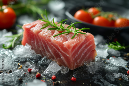 Raw tuna fillet. Seafood on a ice, black stone background.