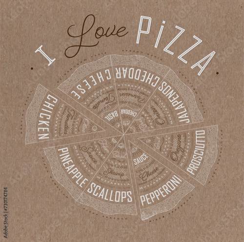 Obraz na płótnie Poster featuring slices of various pizzas, chicken, seafood, pepperoni, cheese, margherita with recipes and names showcased in I love pizza lettering, drawn on a brown background. w salonie