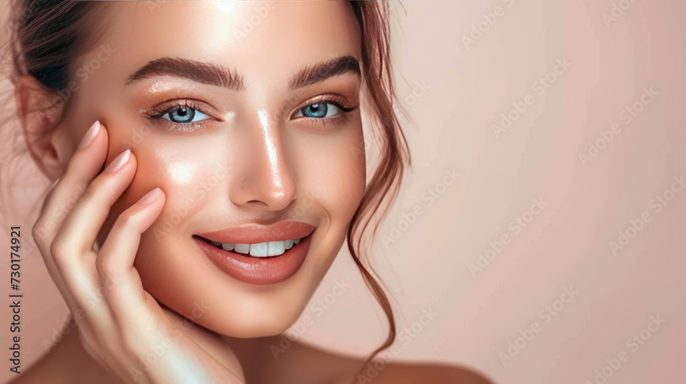 Skin care. Woman with beauty face touching healthy facial skin portrait. Beautiful smiling girl model with natural makeup touching her skin.