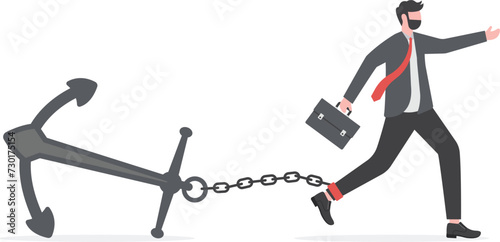 Career burden, held back or no career path in work, anchoring behavioral finance or hard work and struggle in business concept, tried stress businessman trying hard to run forward with heavy anchor.


