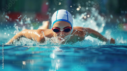 Workout, water splash or woman in swimming pool for competition training, fitness or energy. Sports, fast speed or cardio with female swimmer and athlete for exercise, championship and race at gala. photo