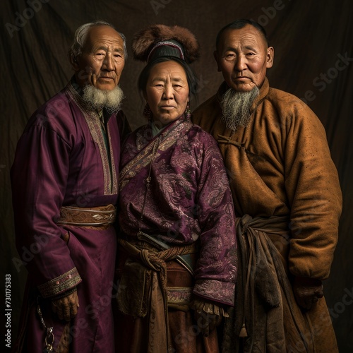 Mongolian Heritage: Trio of 65-Year-Olds in Traditional Attire.