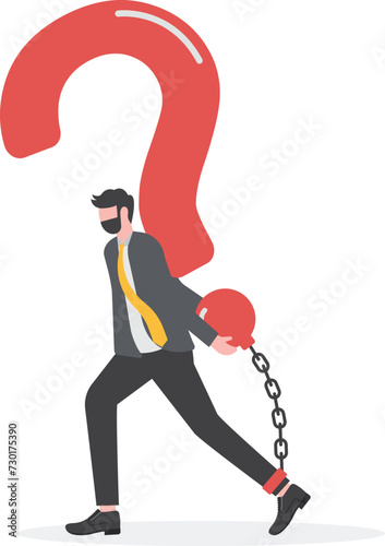 Struggle with unanswered question, problem or difficulty, hard questions or unsolvable quest concept, frustrated businessman chained with huge large question mark burden.

