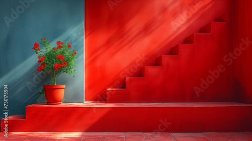 the stairs and red flowers are in the sunlight, in the style of photorealistic still life, neon color palette, vray, mesoamerican influences, minimalist photography, vibrant stage backdrops photo