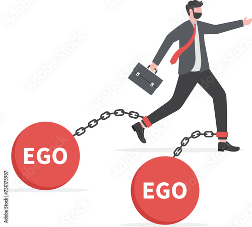 Ego burden, too much confident boss, narcissism and self involvement problem, self esteem and self important mistake concept, confidence businessman wear king crown chain with heavy EGO burden weight.