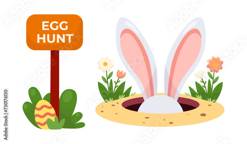 Ears bunny in hole and pointer with Easter egg. Egg Hunt tradition on Easter holiday. Vector illustration 