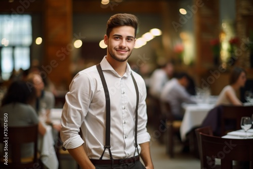 happy man waiter in restaurant, cafe or bar
