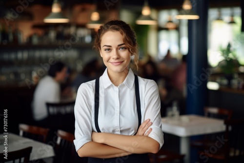 happy woman waiter in restaurant, cafe or bar