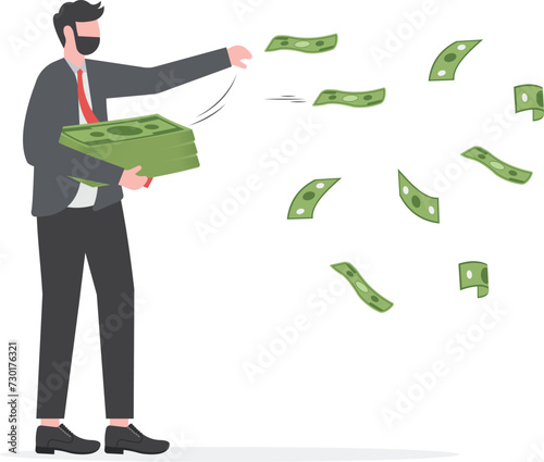 Success and wealthy fortune entrepreneur, investment profit and earning, FED stimulus monetary policy concept, happy businessman millionaire throw out pile of money banknotes flying into the air.

