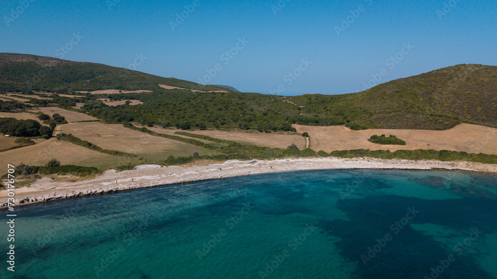 Drone photography of Tamarone beach with turquoise waters in Cap Corse