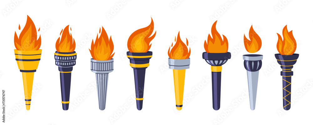 Olimpic Torches with burning fire flame set. Different shapes torch flaming. Symbol competition, sport, games, victory, championship. Vector illustration isolated 