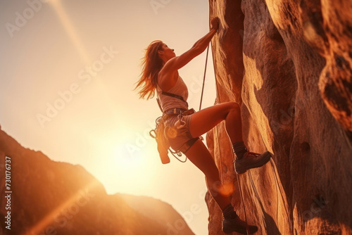Climber woman climbing a large mountain at sunset. The concept of mountain tourism, travel, leadership, on the top.