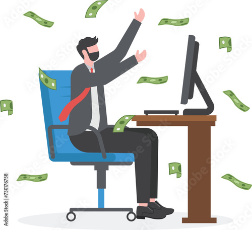 Make money online, earn passive income from internet job or side hustle, make profit or earning from investment or stock trading, easy money concept, rich businessman relax making money from computer.