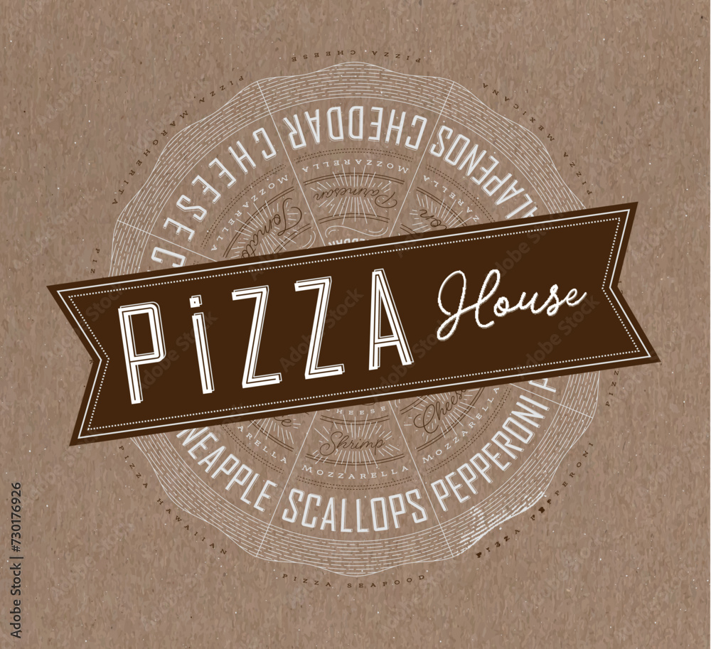 Poster featuring slices of various pizzas, chicken, seafood, pepperoni, cheese, margherita with recipes and names showcased in pizza house lettering, drawn on a brown background.