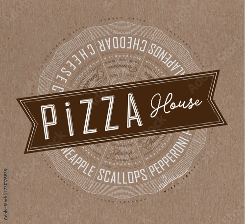 Poster featuring slices of various pizzas, chicken, seafood, pepperoni, cheese, margherita with recipes and names showcased in pizza house lettering, drawn on a brown background.