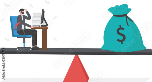Wages, salary or income, work hard for money or incentive motivate to work overtime, overworked and life balance concept, businessman working hard on busy desk seesaw balance with wages money bag.

