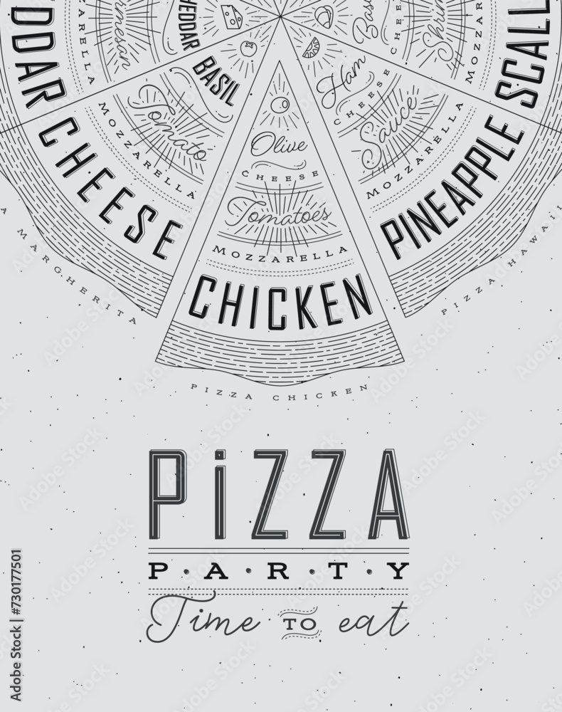 Poster featuring slices of various pizzas, chicken, seafood, pepperoni, cheese, margherita with recipes and names showcased in pizza party time to eat lettering, drawn on a grey background.