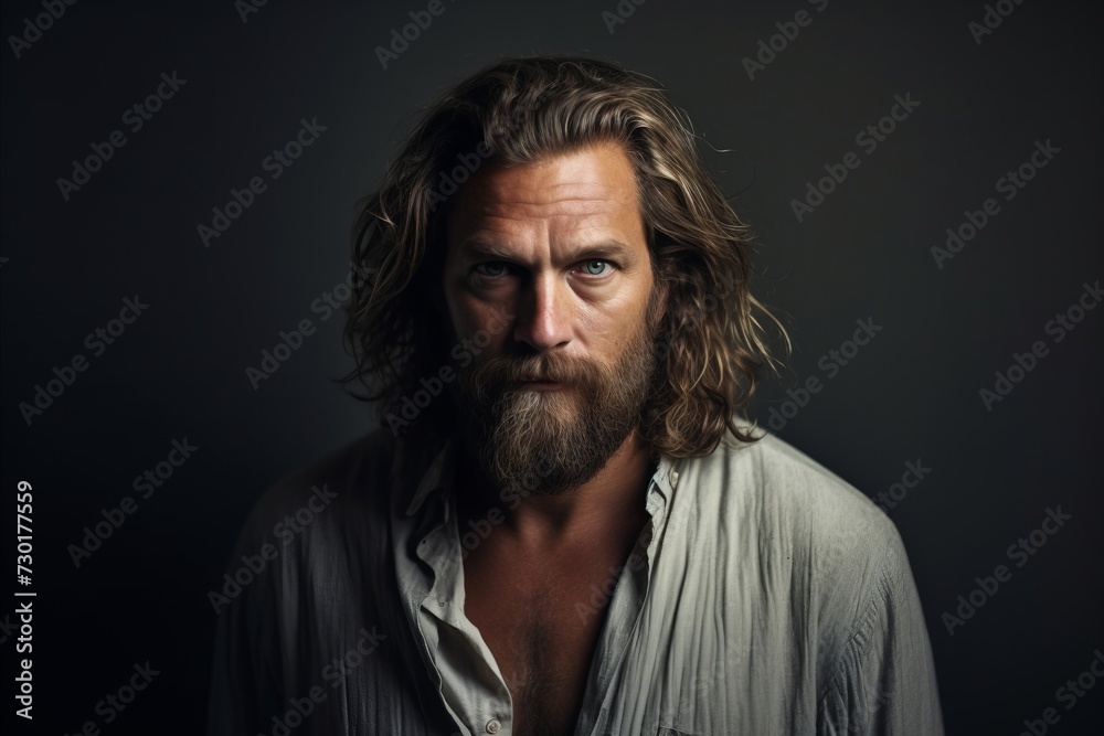 Portrait of a handsome man with long hair and beard. Men's beauty, fashion.