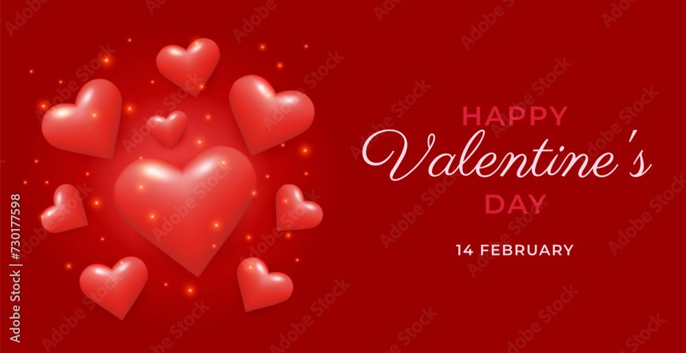 Happy Valentine's Day Red Hearts banner. 3d Shiny symbol love. Romantic glossy holiday template. Vector illustration