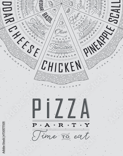 Poster featuring slices of various pizzas, chicken, seafood, pepperoni, cheese, margherita with recipes and names showcased in pizza party time to eat lettering, drawn on a grey background.